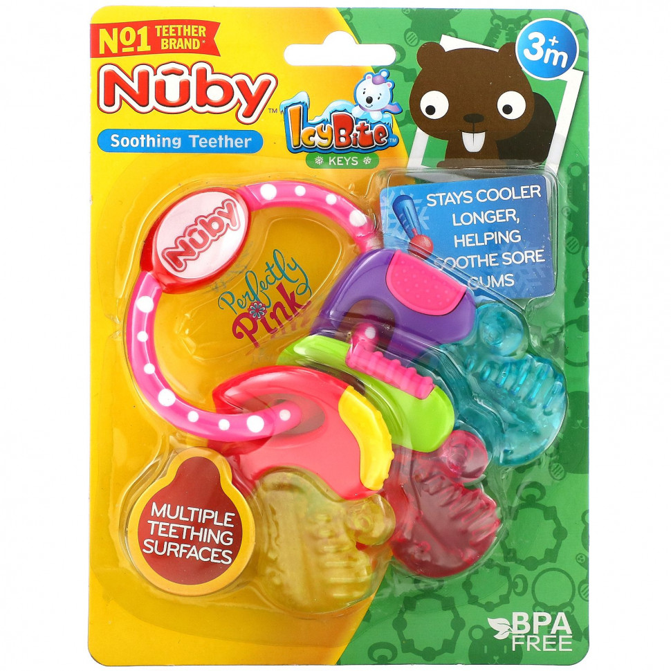 Nuby, Soothing Teether, Icy Bite Keys, 3+ Months, Perfectly Pink, 1 Count    , -, 