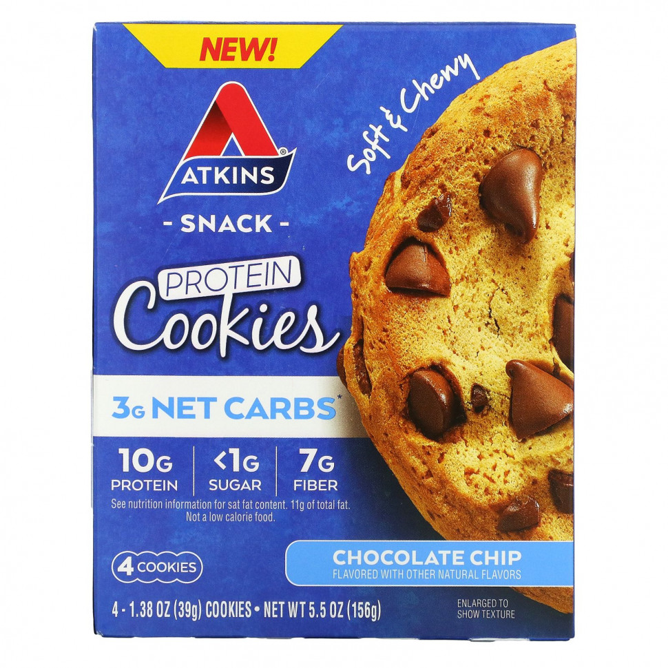 Atkins, Protein Cookies, Chocolate Chip, 4 Cookies, 1.38 oz (39 g) Each    , -, 
