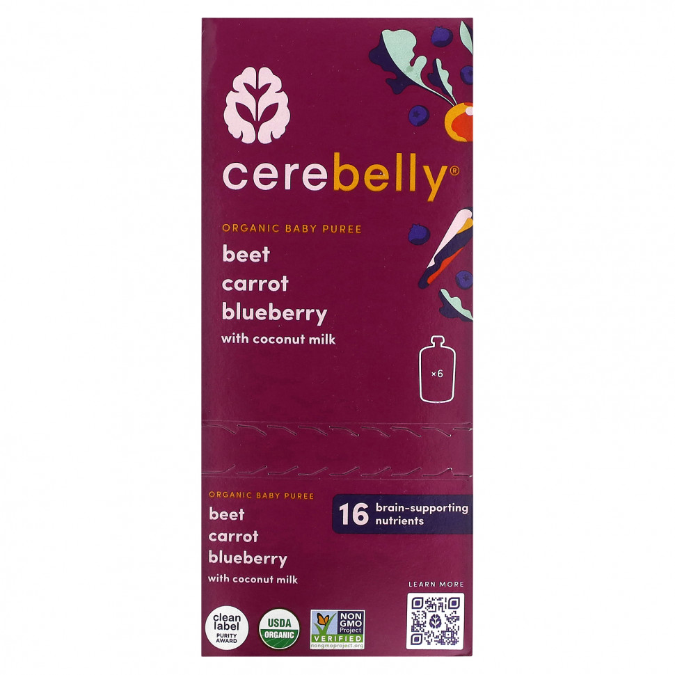 Cerebelly, Organic Baby Puree, Beet, Carrot, Blueberry With Coconut Milk, 6 Pouches, 4 oz (113 g) Each    , -, 