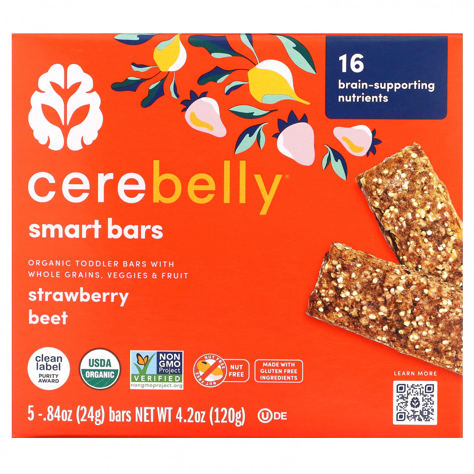 Cerebelly, Smart Bars, Organic Toddler Bars, Strawberry Beet, 5 Bars, 0.84 oz (24 g) Each    , -, 