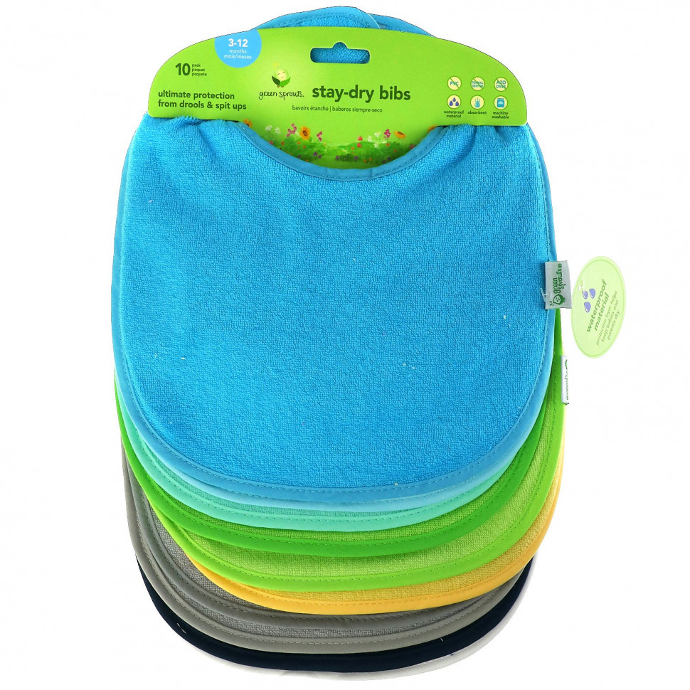Green Sprouts, Stay-dry Infant Bibs, 3-12 Months, Aqua, 10 Pack    , -, 