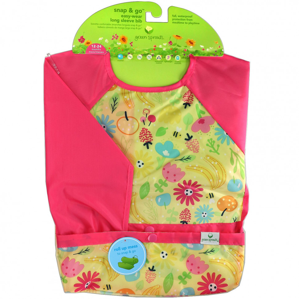 Green Sprouts, Snap & Go Easy Wear Long Sleeve Bib, Pink Bee Floral    , -, 