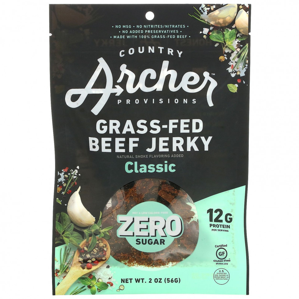 Country Archer Jerky, Grass-Fed Beef Jerky, Classic, 2 oz (56 g)    , -, 