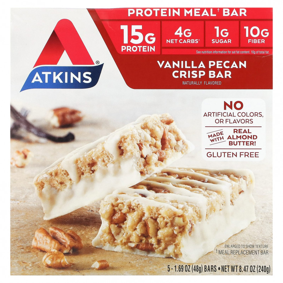Atkins, Protein Meal Bar, Vanilla Pecan Crisp Bar, 5 Bars, 1.69 oz (48 g) Each    , -, 