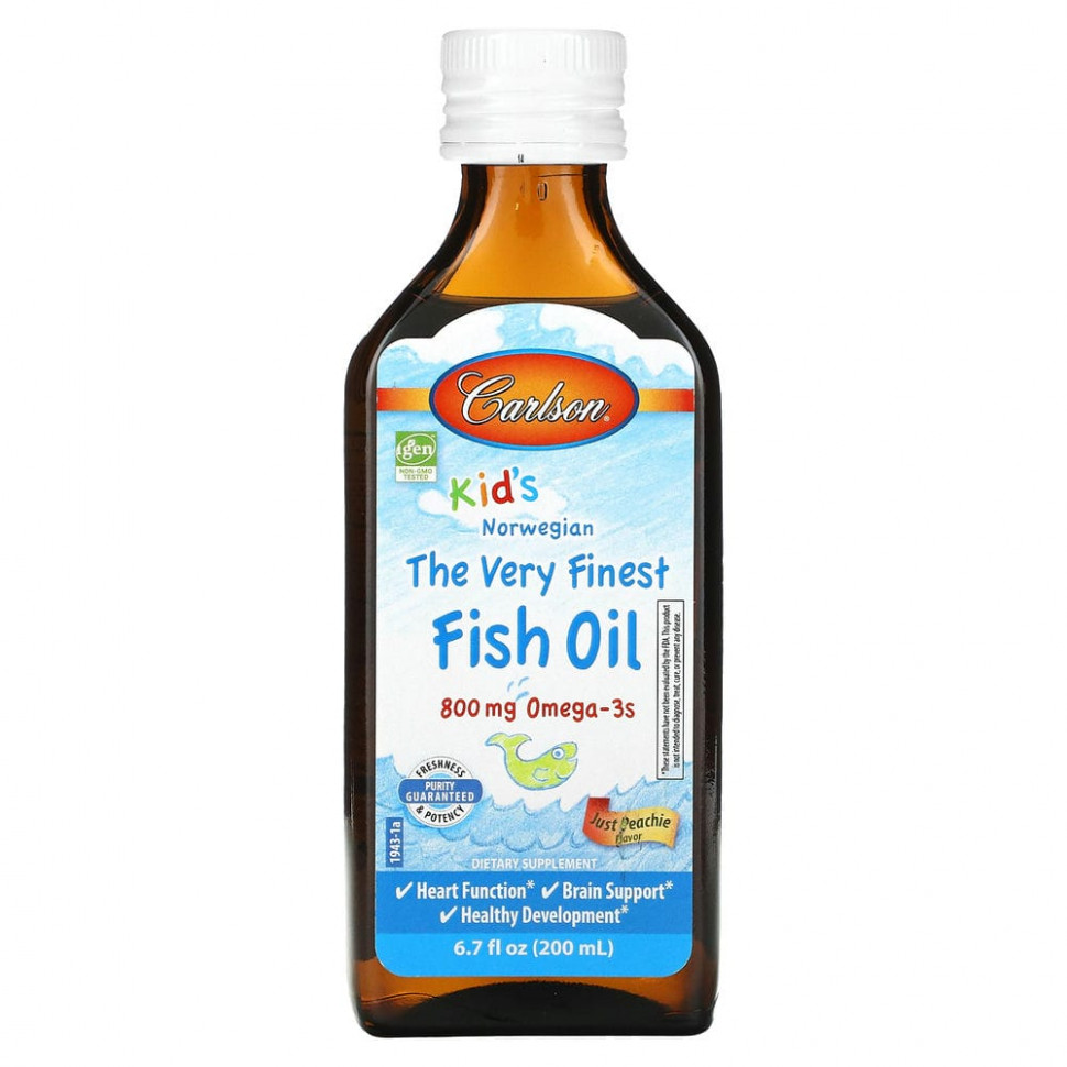 Carlson, Kids Norwegian, The Very Finest Fish Oil, Just Peachie, 800 mg, 6.7 fl oz (200 ml)    , -, 