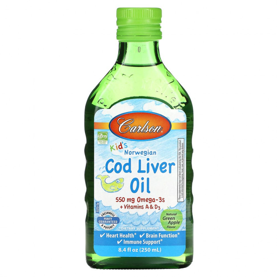 Carlson, Kids Cod Liver Oil, Natural Green Apple , 550 mg, 8.4 fl oz (250 ml)    , -, 