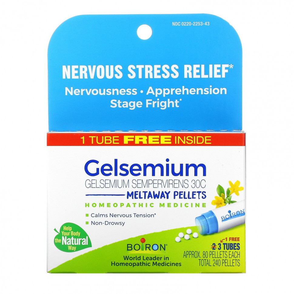 Boiron, Gelsemium, Nervous Stress Relief, Meltaway Pellets, 3 Tubes, Approx. 80 Pellets Each    , -, 