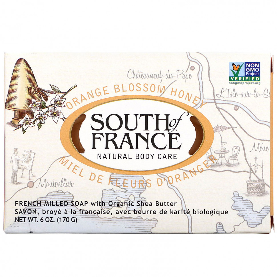 South of France, Orange Blossom Honey, French Milled Bar Soap with Organic Shea Butter, 6 oz (170 g)    , -, 