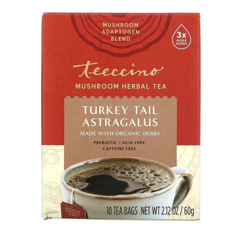 Teeccino, Mushroom Herbal Tea, Turkey Tail Astragalus, 10 Tea Bags, 2.12 oz (60 g)    , -, 