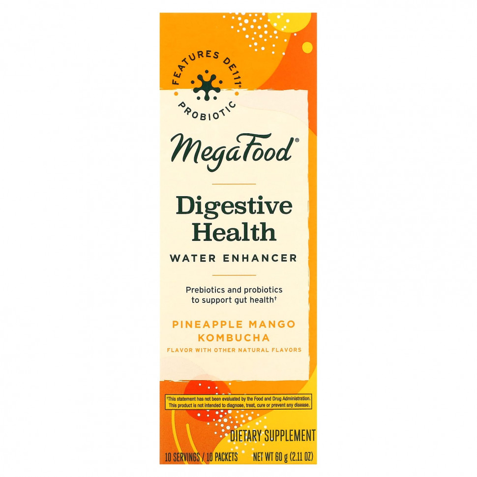 MegaFood, Digestive Health Water Enhancer, Pineapple Mango Kombucha, 10 Packets, 0.21 oz (6 g) Each    , -, 