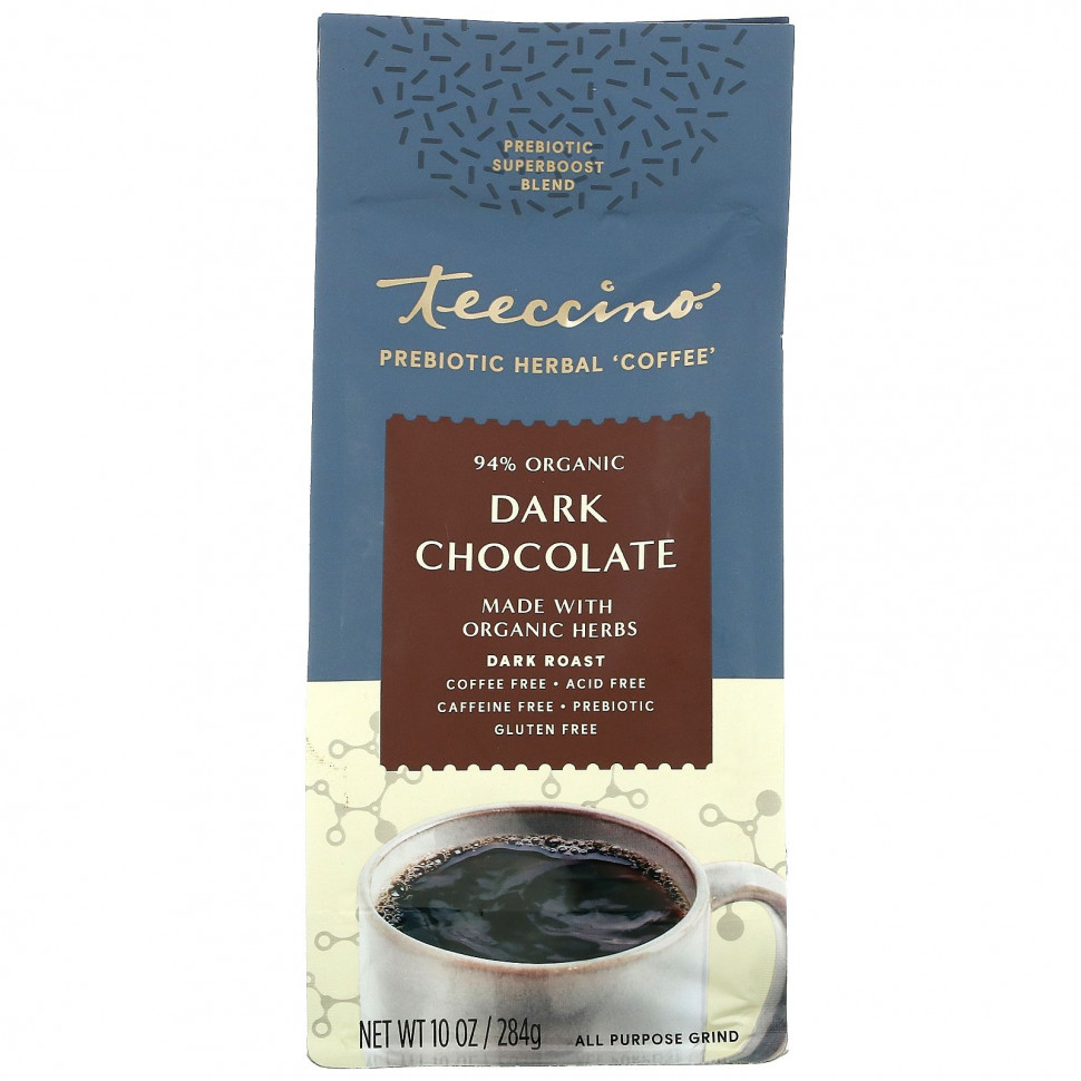 Teeccino, Prebiotic Herbal Coffee, Dark Roast, Caffeine Free, Dark Chocolate, 10 oz (284 g)    , -, 