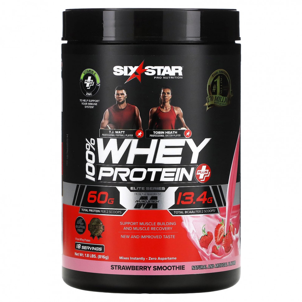 SIXSTAR, Elite Series, 100% Whey Protein Plus, Strawberry Smoothie, 1.8 lbs (816 g)    , -, 