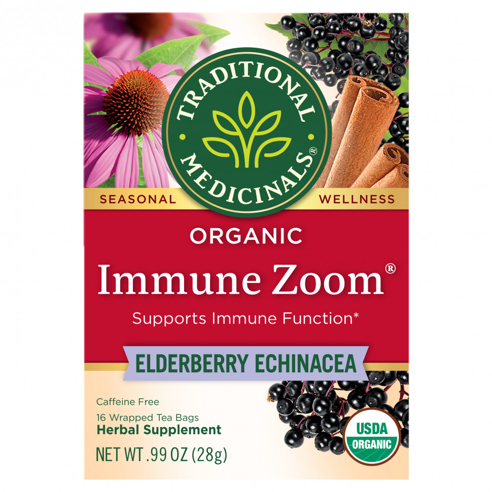 Traditional Medicinals, Organic Immune Zoom, Elderberry Echinacea, Caffeine Free, 16 Wrapped Tea Bags, 0.06 oz (1.75 g) Each    , -, 