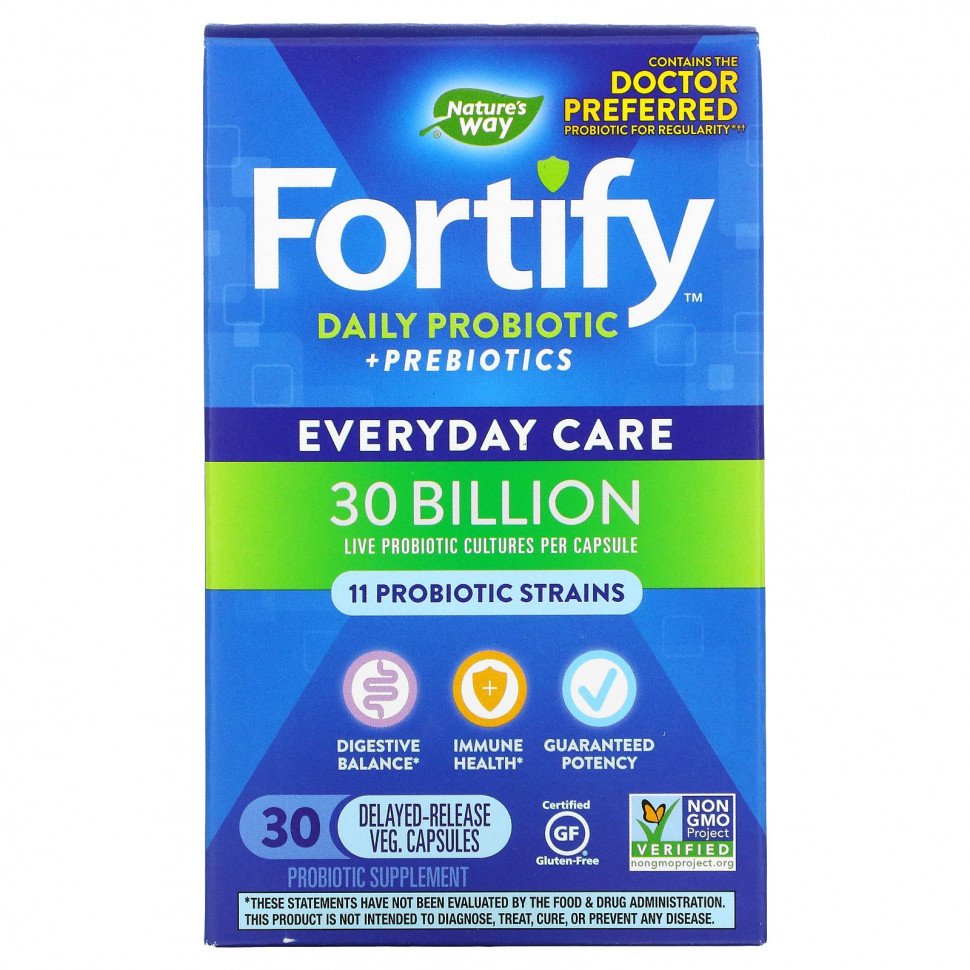 Nature's Way, Fortify, Daily Probiotic + Prebiotics, Everyday Care, 30 Billion CFU, 30 Delayed-Release Veg. Capsules    , -, 