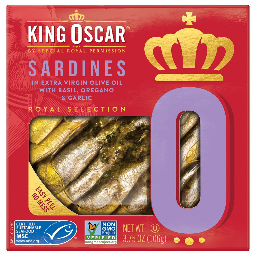 King Oscar, Sardines In Extra Virgin Olive Oil with Basil, Oregano & Garlic, 3.75 oz ( 106 g)    , -, 