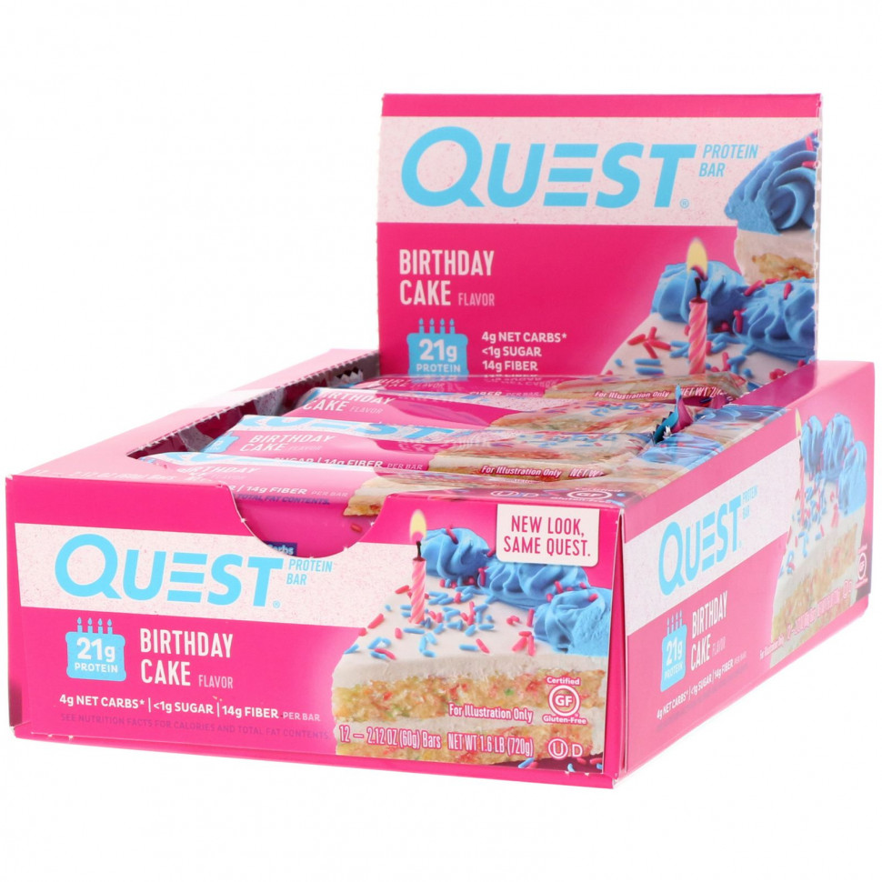 Quest Nutrition, Quest Protein Bar, Birthday Cake, 12 Pack, 2.12 oz (60 g) Each    , -, 