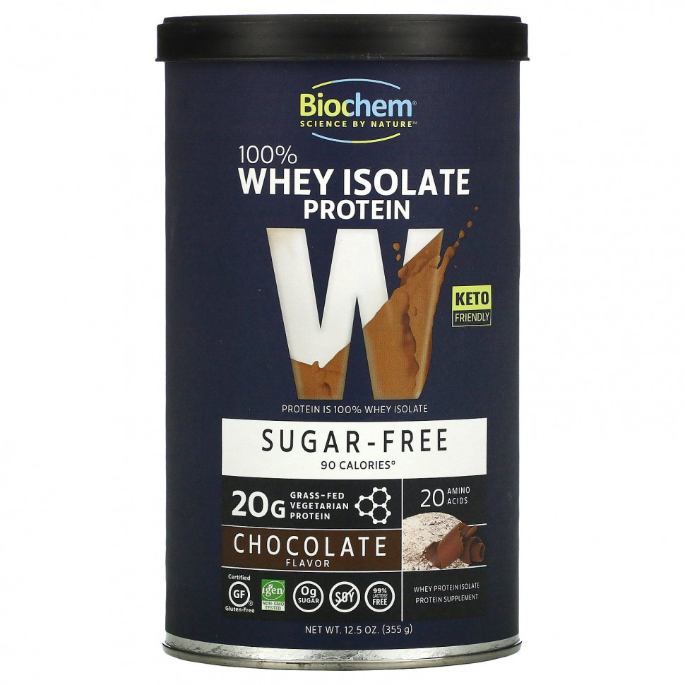 Biochem, 100% Whey Isolate Protein, Sugar Free, Chocolate Flavor, 12.5 oz (355 g)    , -, 