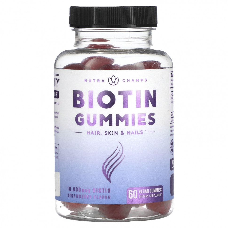 NutraChamps, Biotin Gummies, Strawberry, 5,000 mcg, 60 Vegan Gummies    , -, 