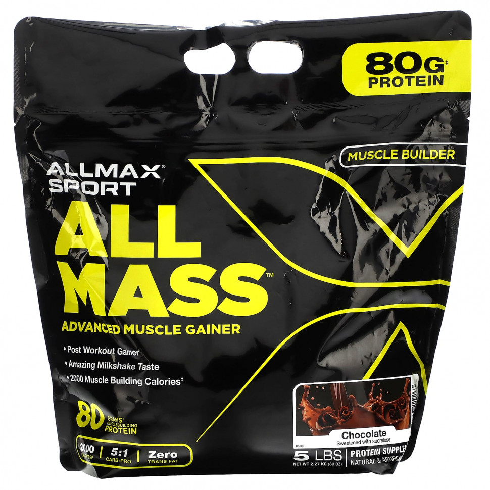 ALLMAX, Sport, All Mass, Advanced Muscle Gainer, Chocolate, 5 lbs, 2.27 kg (80 oz)    , -, 