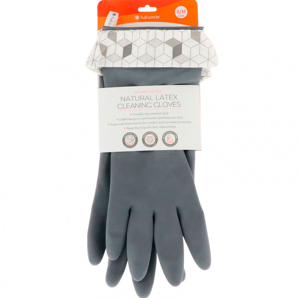 Full Circle, Splash Patrol, Natural Latex Cleaning Gloves, Grey, Size S/M    , -, 