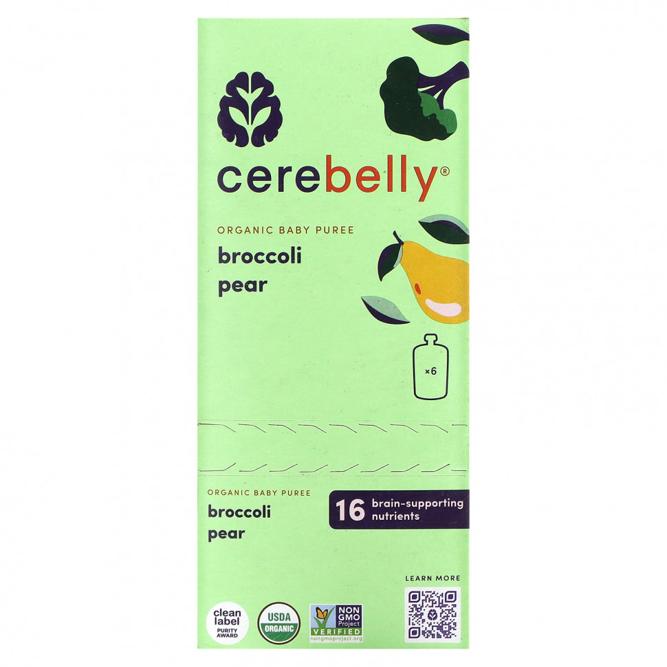 Cerebelly, Organic Baby Puree, Broccoli Pear, 6 Pouches, 4 oz (113 g) Each    , -, 