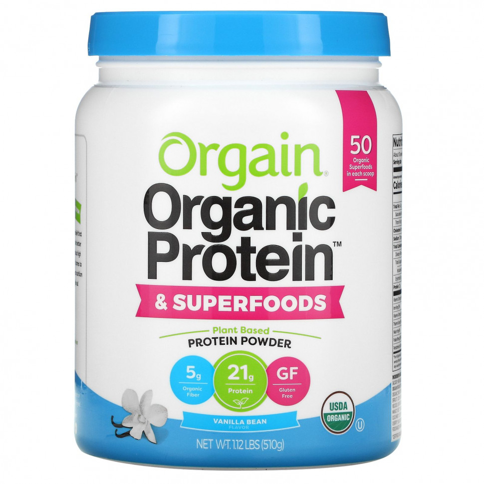 Orgain, Organic Protein + Superfoods Powder, Plant Based Protein Powder, Vanilla Bean, 1.12 lb (510 g)    , -, 