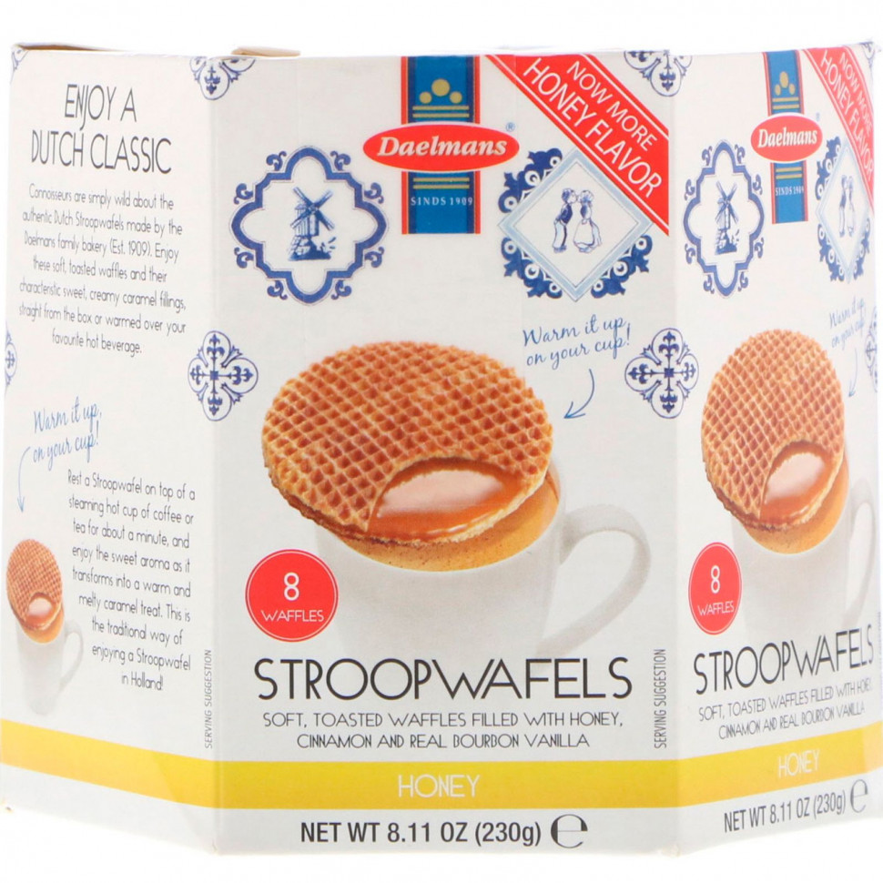 ���������� Daelmans, Stroopwafels, Large Hex Box, Honey, 8 Waffles, 8.11 oz (230 g)  Iherb (������)