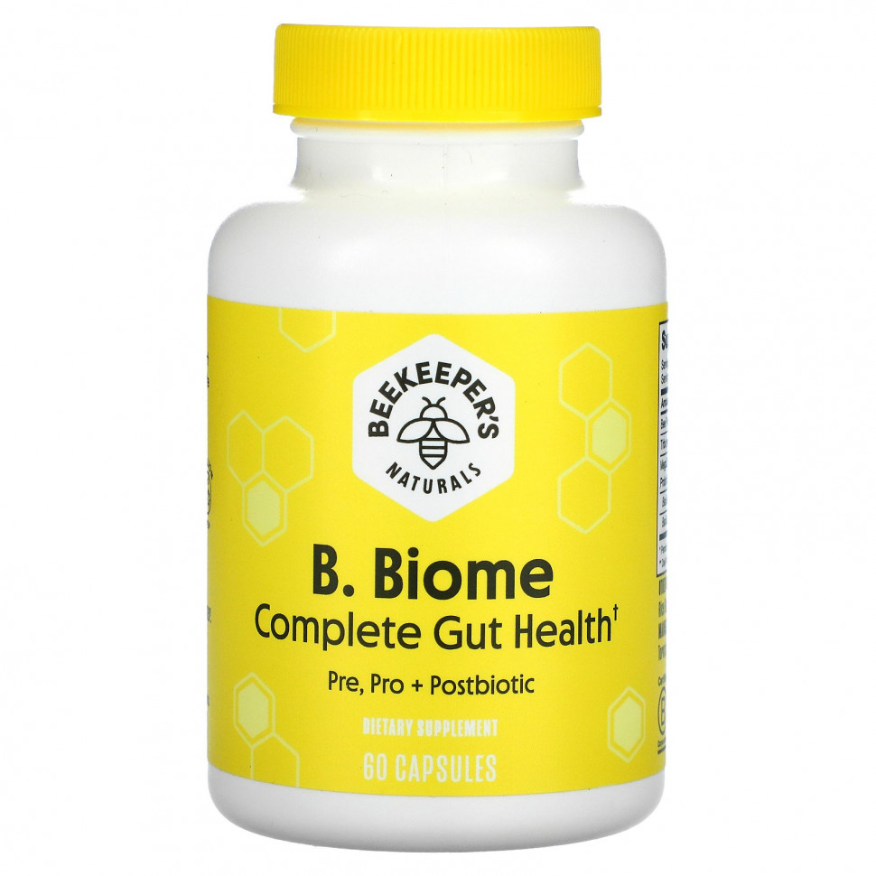  Beekeeper's Naturals, B. Biome Complete Gut Health, Pre, Pro + Postbiotic, 60 Capsules  Iherb ()