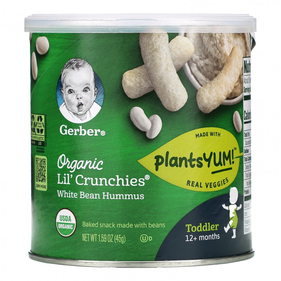 Gerber, Organic Lil' Crunchies, White Bean Hummus, Toddler, 12+ Months, 1.59 oz (45 g)    , -, 