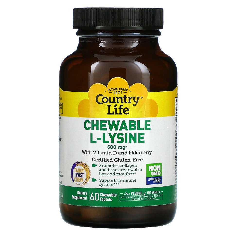 Country Life, Chewable L-Lysine, With Vitamin D and Elderberry, 300 mg, 60 Chewable Tablets    , -, 