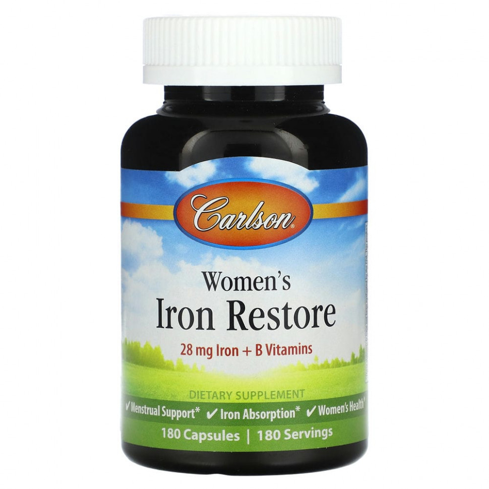 Carlson, Women's Iron Restore, 28 mg Iron + B Vitamins, 180 Capsules    , -, 