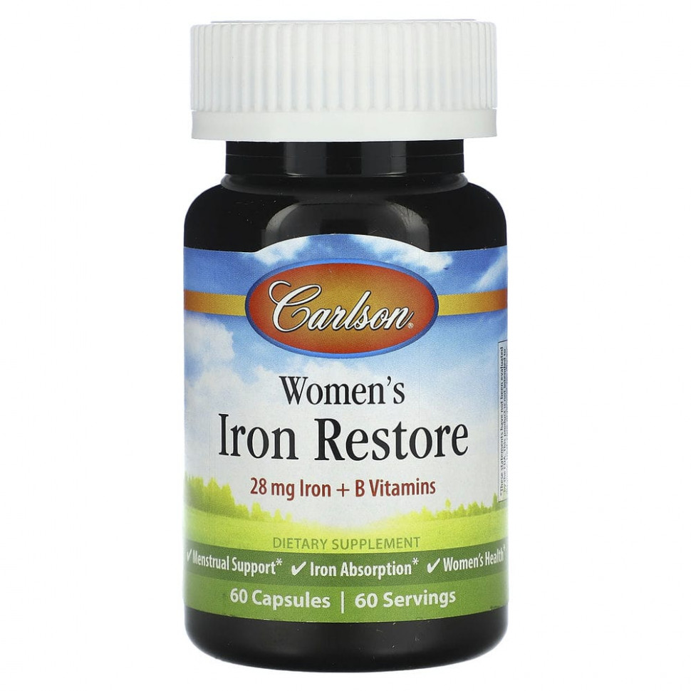 Carlson, Womens Iron Restore, 28 mg Iron + B Vitamins, 60 Capsules    , -, 