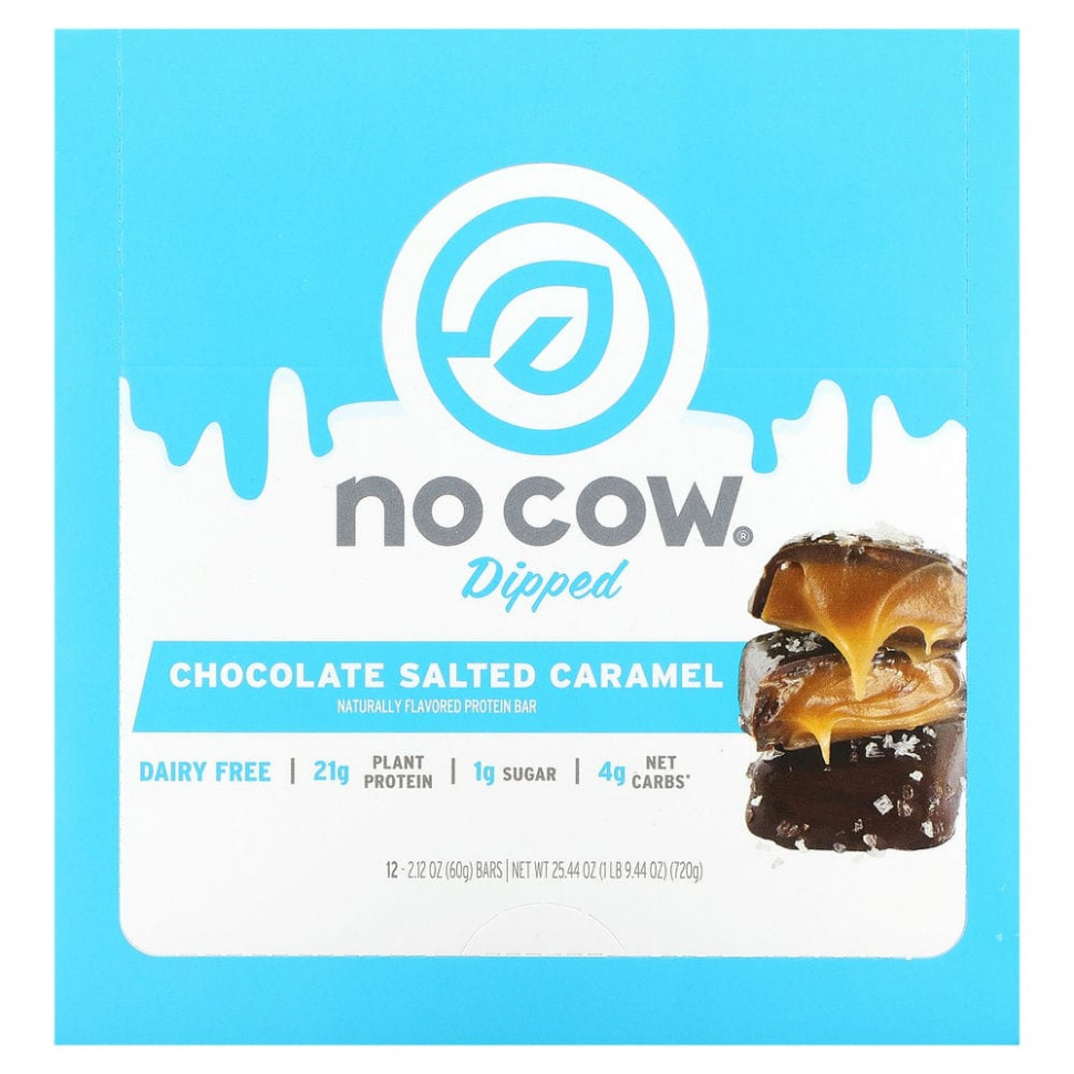 No Cow, Dipped Protein Bar, Chocolate Salted Caramel, 12 Bars, 2.12 oz (60 g) Each    , -, 