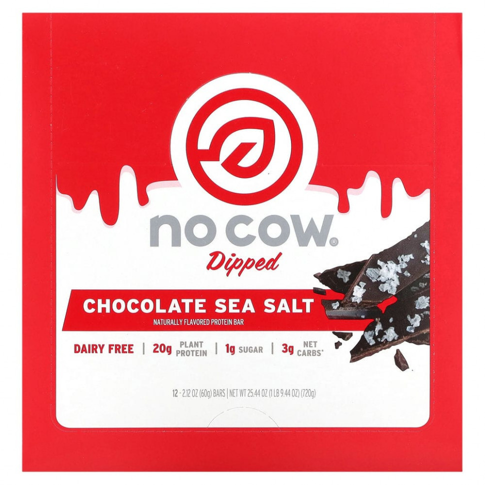 No Cow, Dipped Protein Bar, Chocolate Sea Salt, 12 Bars, 2.12 oz (60 g) Each    , -, 