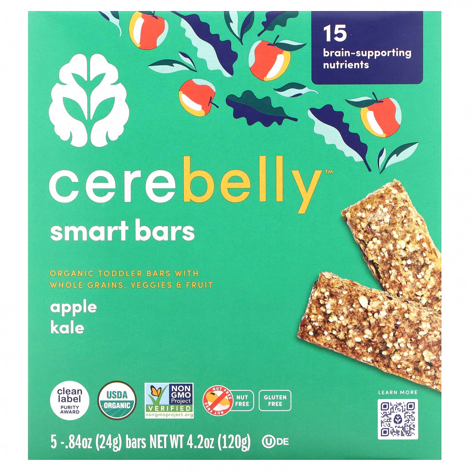 Cerebelly, Smart Bars, Organic Toddler Bars, Apple Kale, 5 Bars, 0.84 oz (24 g) Each    , -, 