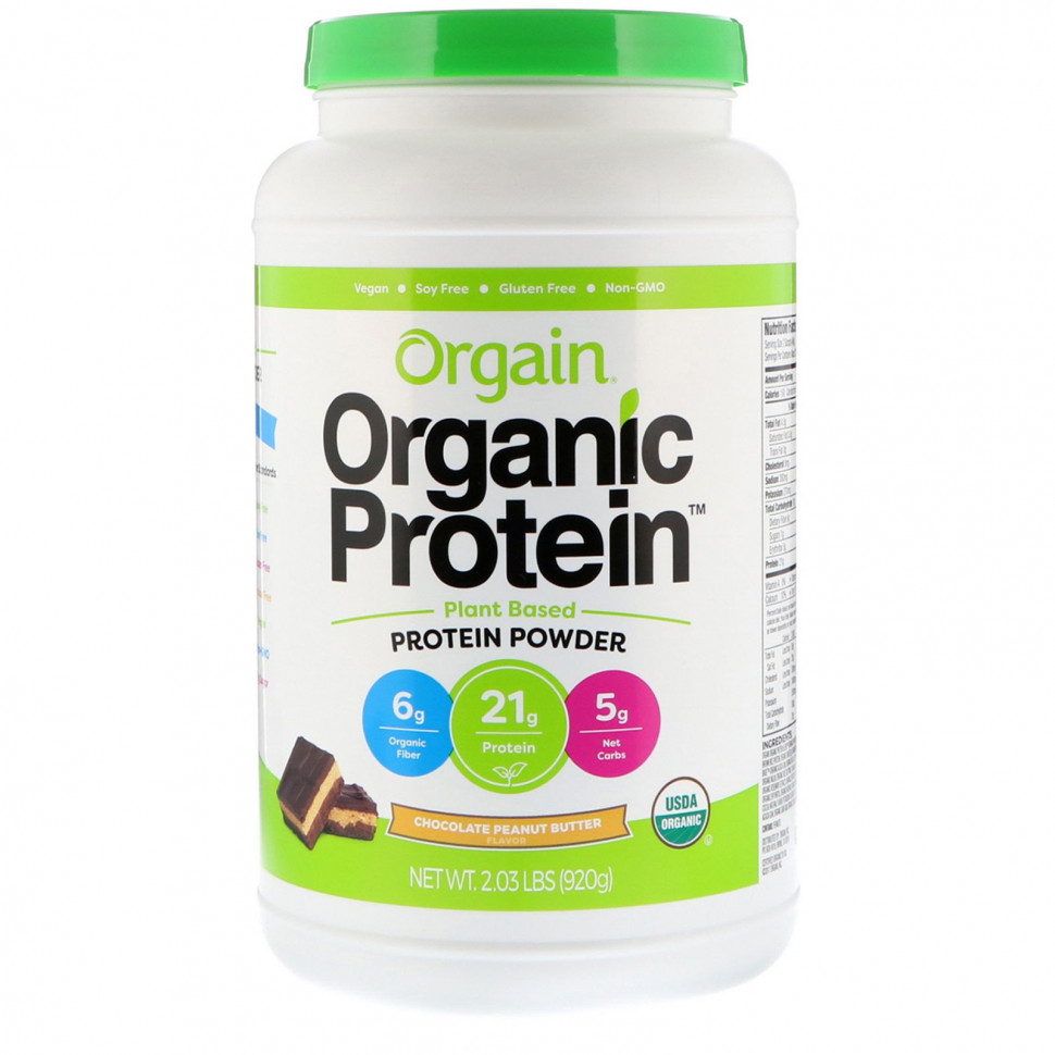 Orgain, Organic Protein Powder Plant Based, Chocolate Peanut Butter, 2.03 lb (920 g)    , -, 