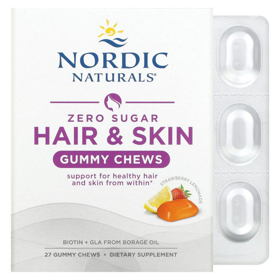 Nordic Naturals, Zero Sugar Hair & Skin Gummy Chews, Strawberry Lemonade, 27 Gummy Chews    , -, 