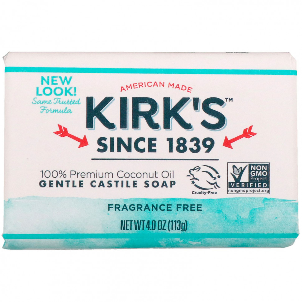 Kirk's, Gentle Castile Soap Bar, Fragrance Free, 4 oz (113 g)    , -, 