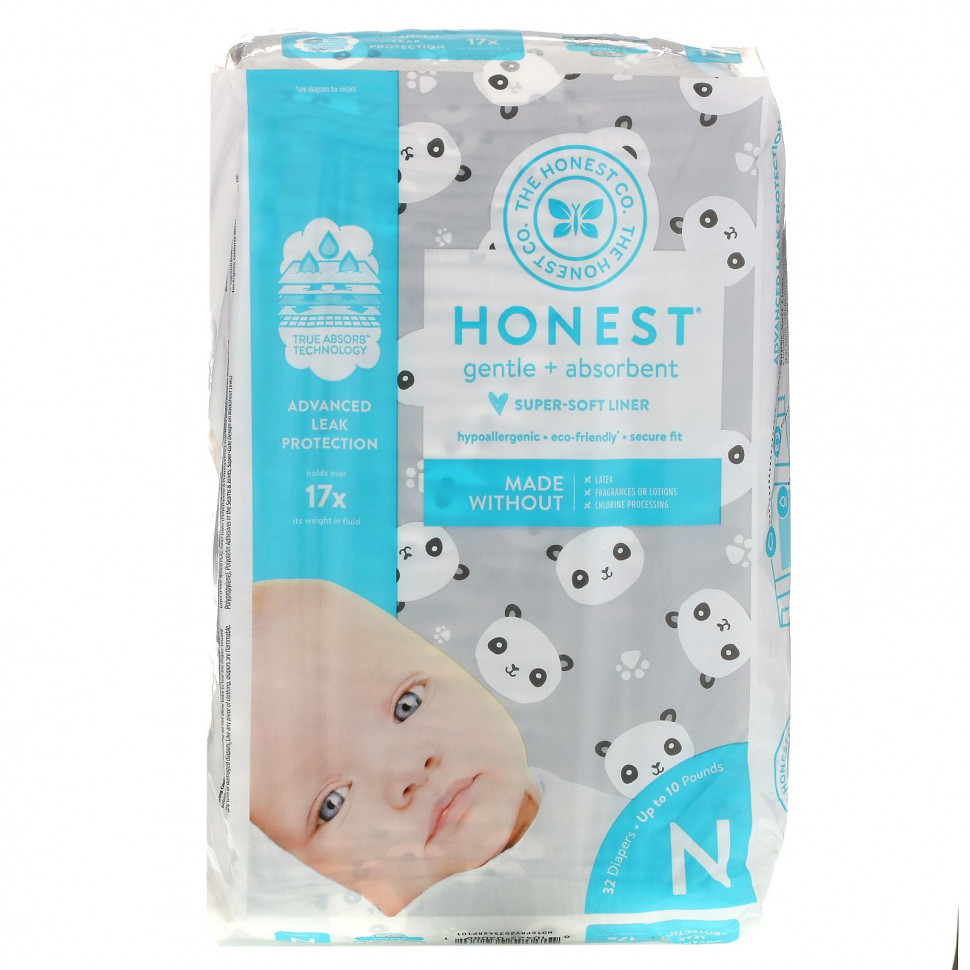 The Honest Company, Honest Diapers, Super-Soft Liner, Newborn, Pandas, Up to 10 Pounds, 32 Diapers    , -, 