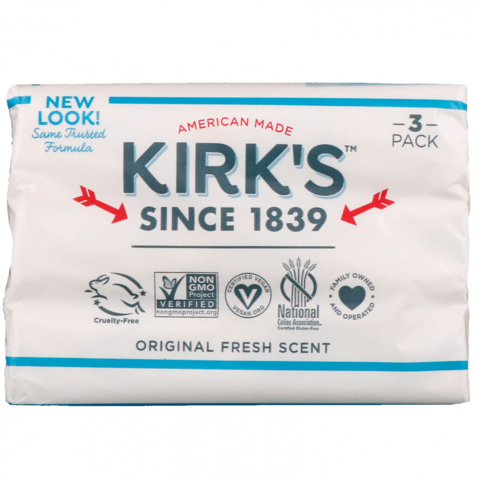 Kirk's, Gentle Castile Soap Bar, Original Fresh Scent, 3 Bars, 4 oz (113 g) Each    , -, 