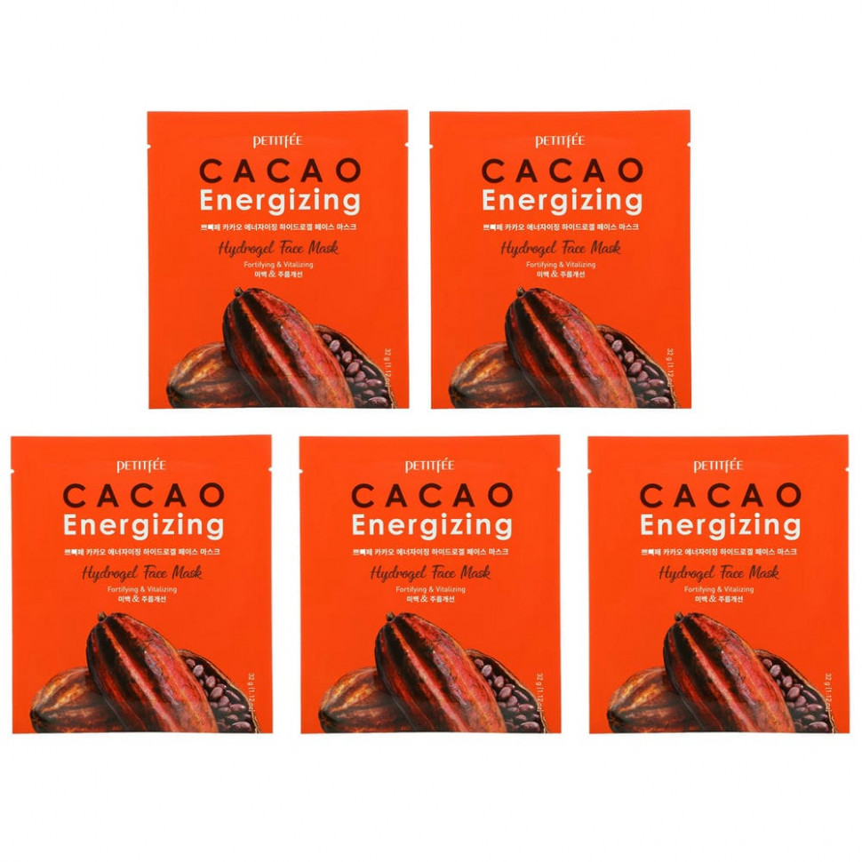 Petitfee, Cacao Energizing Hydrogel Face Mask, 5 Pack, 1.12 oz (32 g)    , -, 