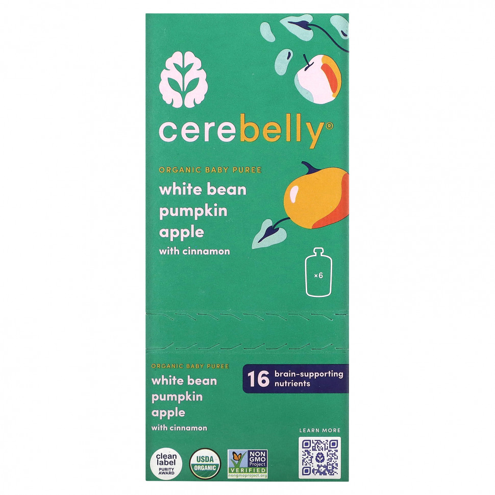 Cerebelly, Organic Baby Puree, White Bean, Pumpkin, Apple with Cinnamon, 6 Pouches, 4 oz (113 g) Each    , -, 