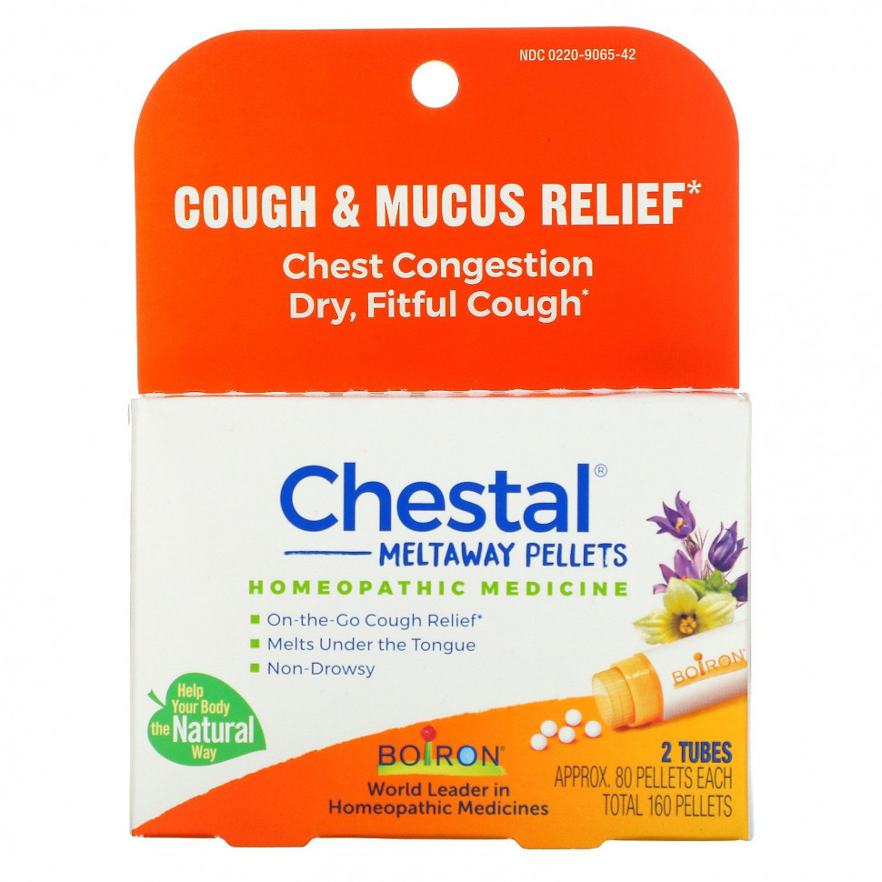 Boiron, Chestal Meltaway Pellets, Cough & Mucus Relief, 2 Tubes, Approx 80 Pellets Each    , -, 