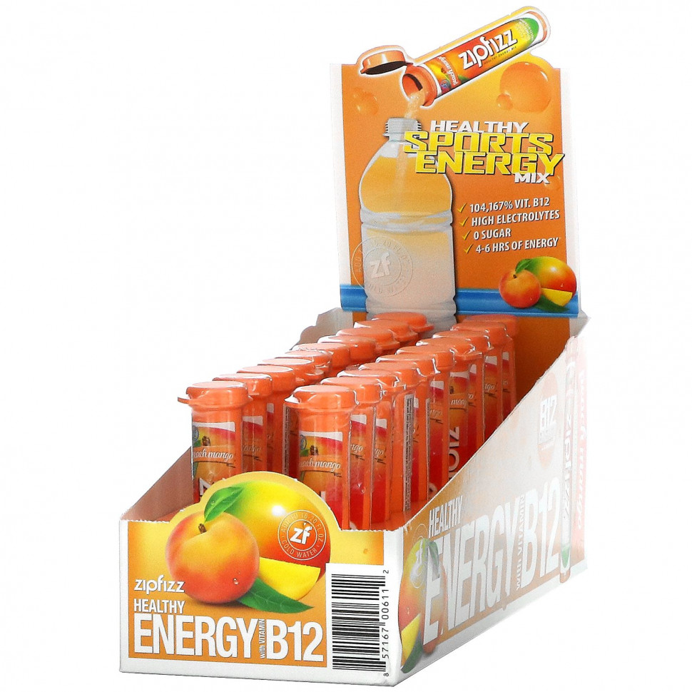 Zipfizz, Healthy Energy Mix With Vitamin B12, Peach Mango, 20 Tubes, 0.39 oz (11 g) Each    , -, 