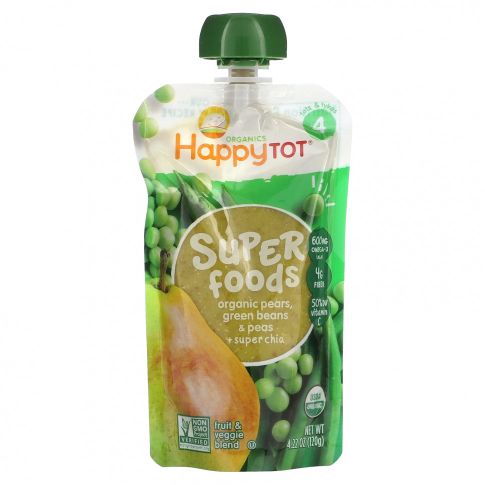 Happy Family Organics, Happytot, Superfoods, Organic Pears, Green Beans & Peas + Super Chia, 4.22 oz (120 g)    , -, 