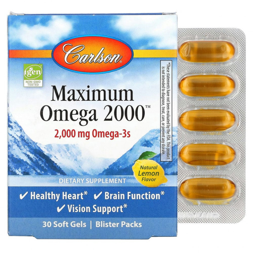 Carlson Labs, Maximum Omega 2000, Natural Lemon, 1,000 mg, 30 Softgels    , -, 
