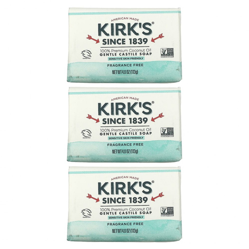 Kirk's, Gentle Castile Soap Bar, Fragrance Free, 3 Bars, 4.0 oz (113 g) Each    , -, 