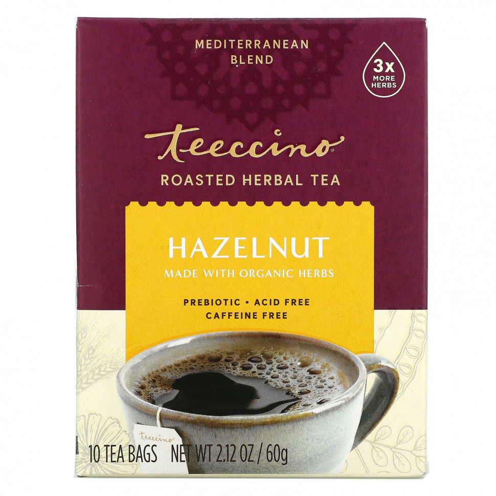 Teeccino, Roasted Herbal Tea, Hazelnut, Caffeine Free, 10 Tea Bags, 2.12 oz (60 g)    , -, 