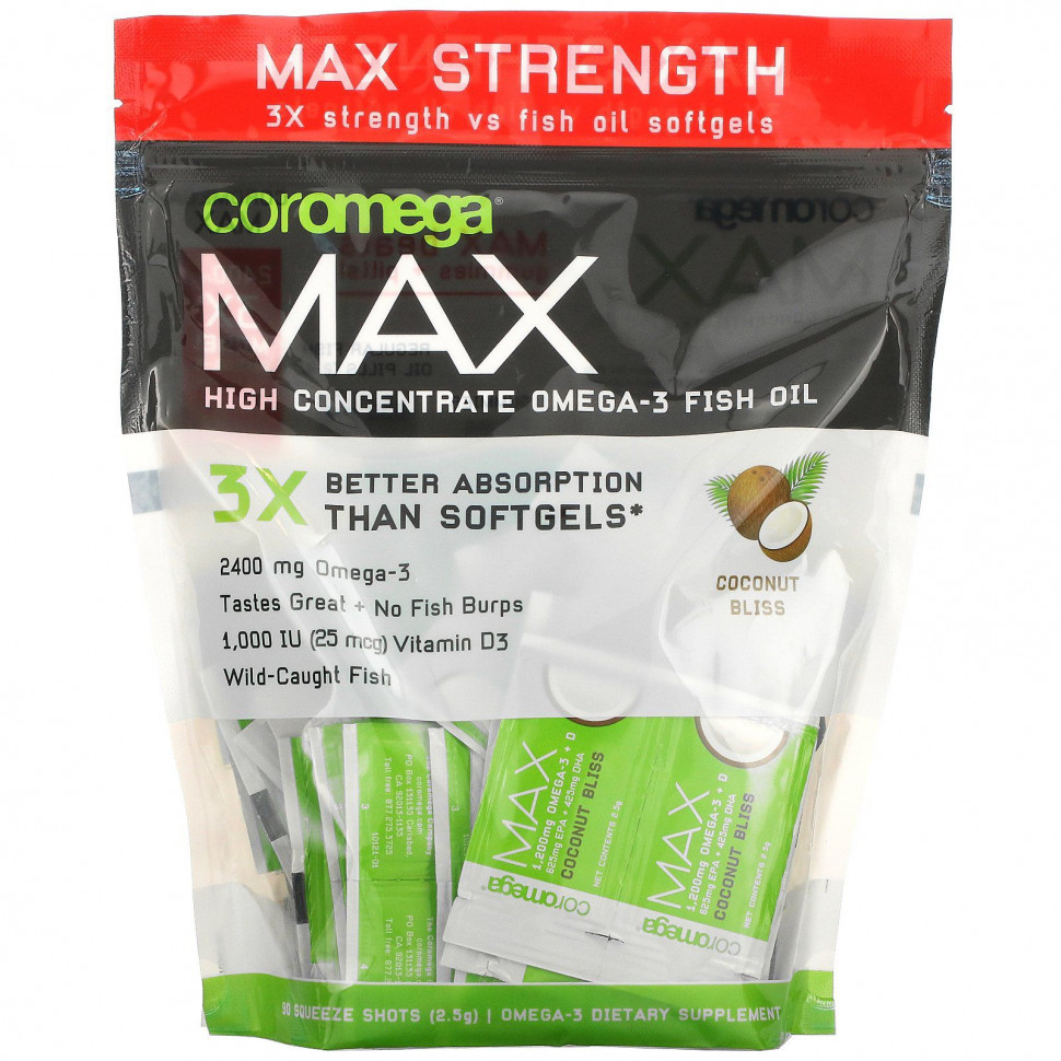 Coromega, Max High Concentrate Omega-3 Fish Oil, Coconut Bliss, 90 , 2,5      , -, 