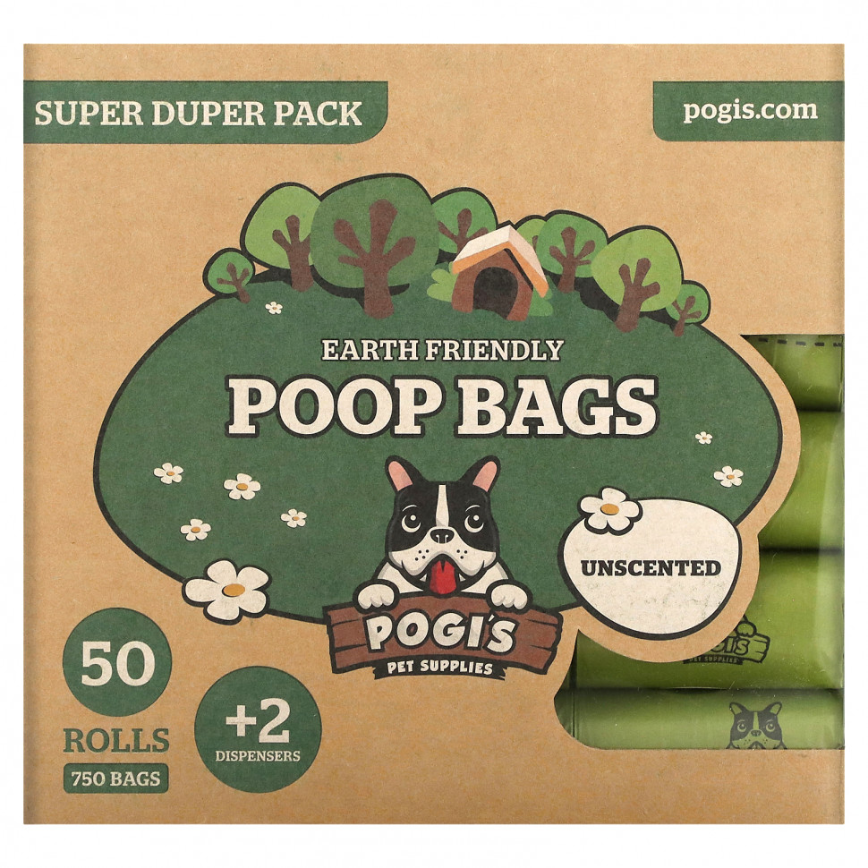 Pogi's Pet Supplies, Earth Friendly Poop Bags, Super Duper Pack, Unscented, 50 Rolls, 750 Bags, 2 Dispensers    , -, 